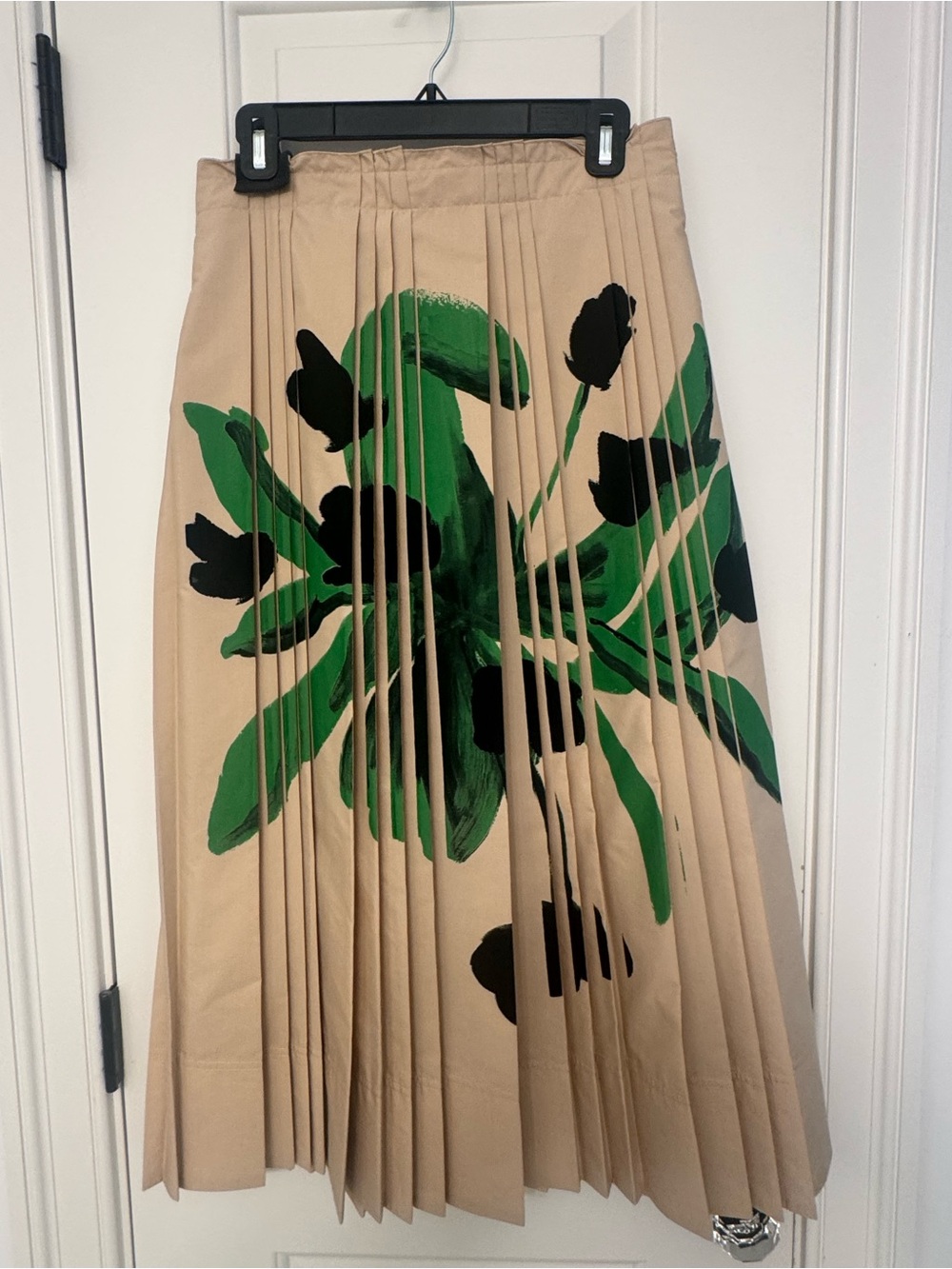 Tanya Taylor Pleated Beige Midi Skirt with Green & Black Floral Print